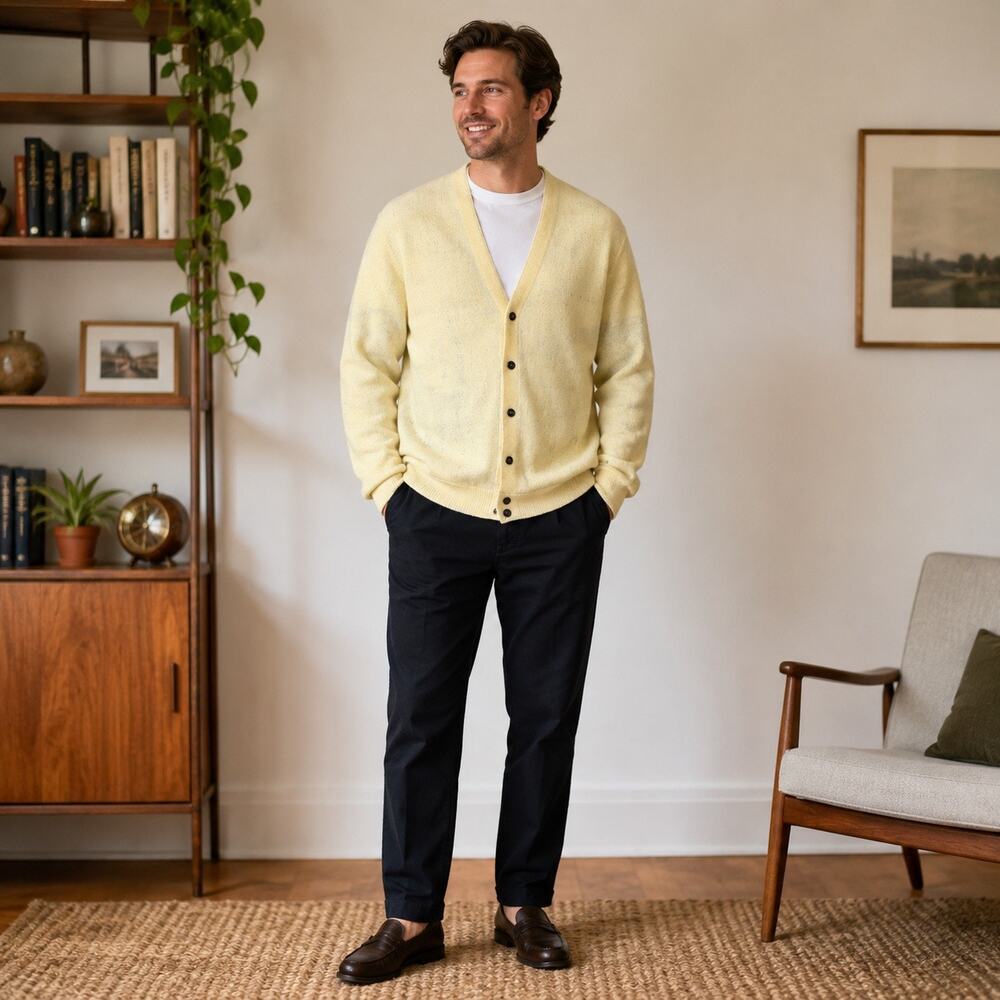 Vintage McGregor Men XL Ivory Button Cardigan Sweater Made USA Wool Feel Knit